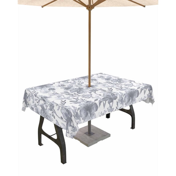 Fsddascl Watercolor Grey Floral Outdoor Tablecloth - 52x70 Inch Rectangle Dining Table Cover, Gray Ombre Botanical Summer Waterproof Outdoor Table Cloth with Umbrella Hole & Zipper for Picnic/Patio