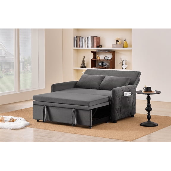 51.2" Velvet Convertible Sleeper Sofa Bed, Multi-Functional 2-Seater 5-Position Adjustable Backrest Loveseat with Pull-Out Bed and Side Pocket for Living Room, Apartment, Small Space, Gray