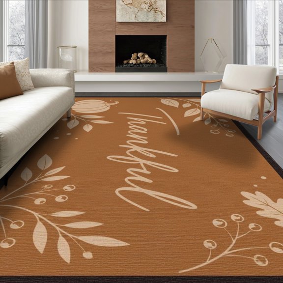 ODIKA 8'x10' Washable Area Rug Durable, Non-Slip Warm Brown Autumn Leaves Design Elegant Seasonal Pumpkin and Foliage for Living Room, Under Sectional, Family