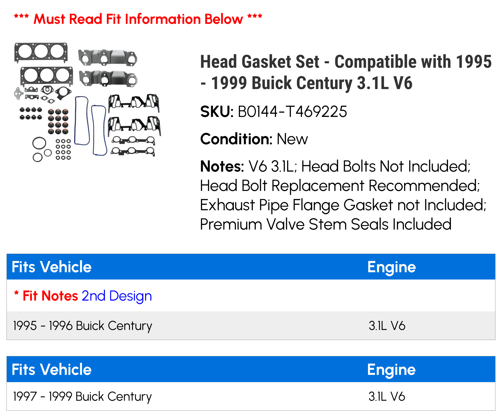 Head Gasket Set - Compatible with 1995 - 1999 Buick Century 3.1L V6 1996 1997 1998
