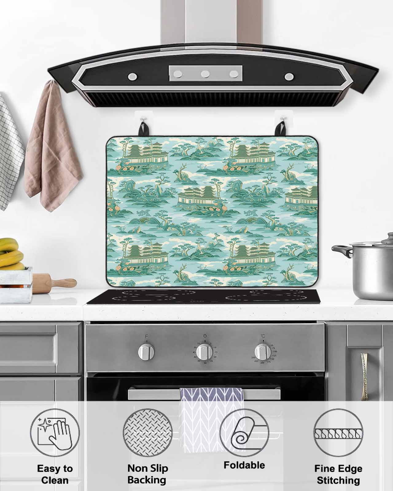 nqOlkjepod Large Induction Cooktop Protector Mat 24"x21", Turquoise Garden Stove Top Covers for Electric Stove, Modern Art Building Rock Landscape Stove Burner Cover Mats, Glass Top Stove Cover