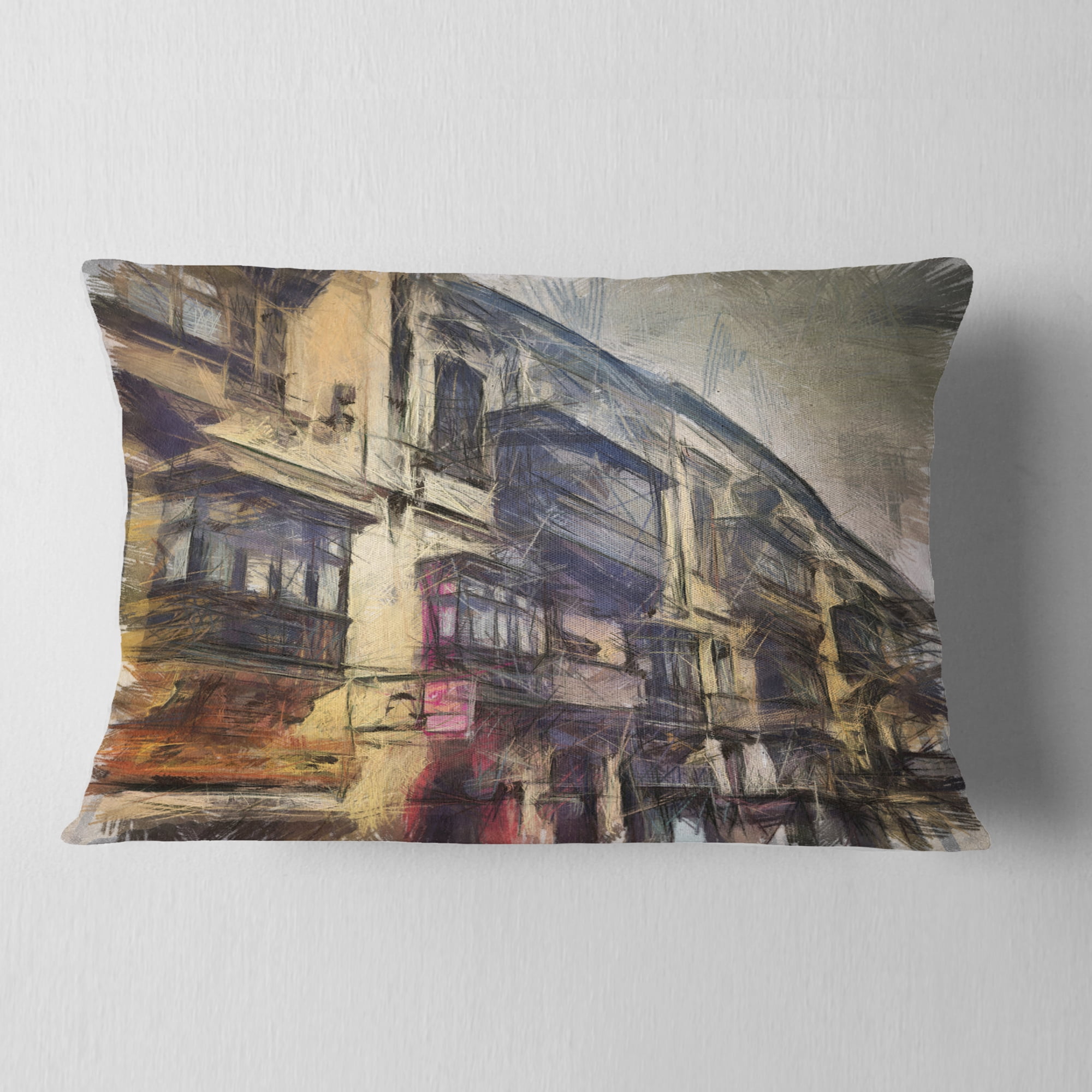 Designart Old City Street Watercolor Painting - Cityscape Throw Pillow - 12x20
