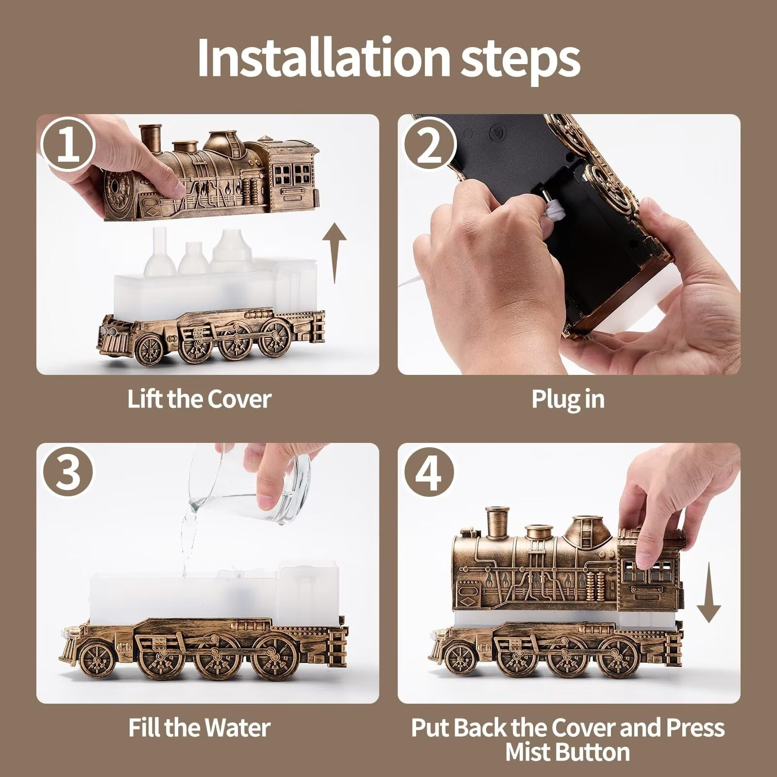 PEXIOAN Bedroom Humidifier, Cool Quiet Steam Train Mist Air Humidifier Diffuser with Auto Shutoff, Suitable for Home Baby Nursery and Plants. (Bronze)