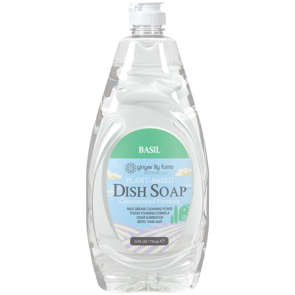 Ginger Lily Farms Botanicals Plant-Based Liquid Dish Soap, Concentrated Formula with Max Grease Cleaning Power, Cruelty-Free, Basil Scent, 24 Fl Oz
