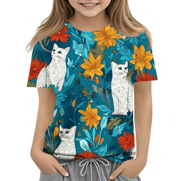 CCRFTGI Cute Shirts for Kids Girls Size 10-12 Girls Fashion Short Sleeve Trendy Cat Floral Print Blouses Lightweight Crew Neck Tunic Tops Clear 5-6 Years