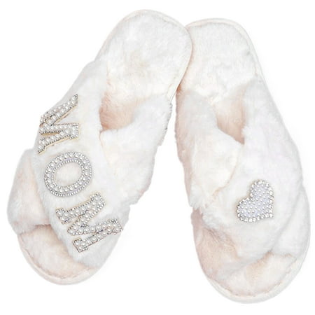 

KGOTA MOM Pearl Letters Plush Slippers Cross Band Open Toe Mothers Day Gift (40-41)