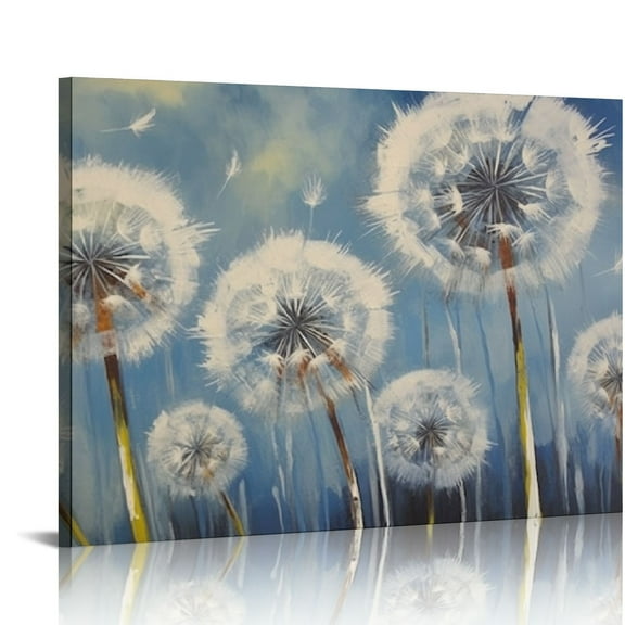 Acheng  Blue and White Dandelion Wall Art - Partially Painted - Large Wall Art - - Framed Picture Artwork - Wall Art for Living Room Office Bedroom - Oversize Canvas Wall Decor 20x16in
