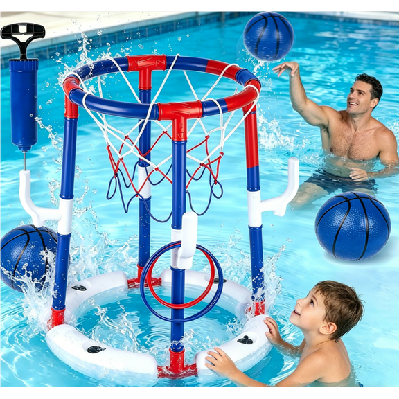 JoyStone Pool Basketball Toys, Floating Swimming Pool Basketball Hoop for Pool Games Poolside Water Basketball Hoop, 3 Balls and Pump