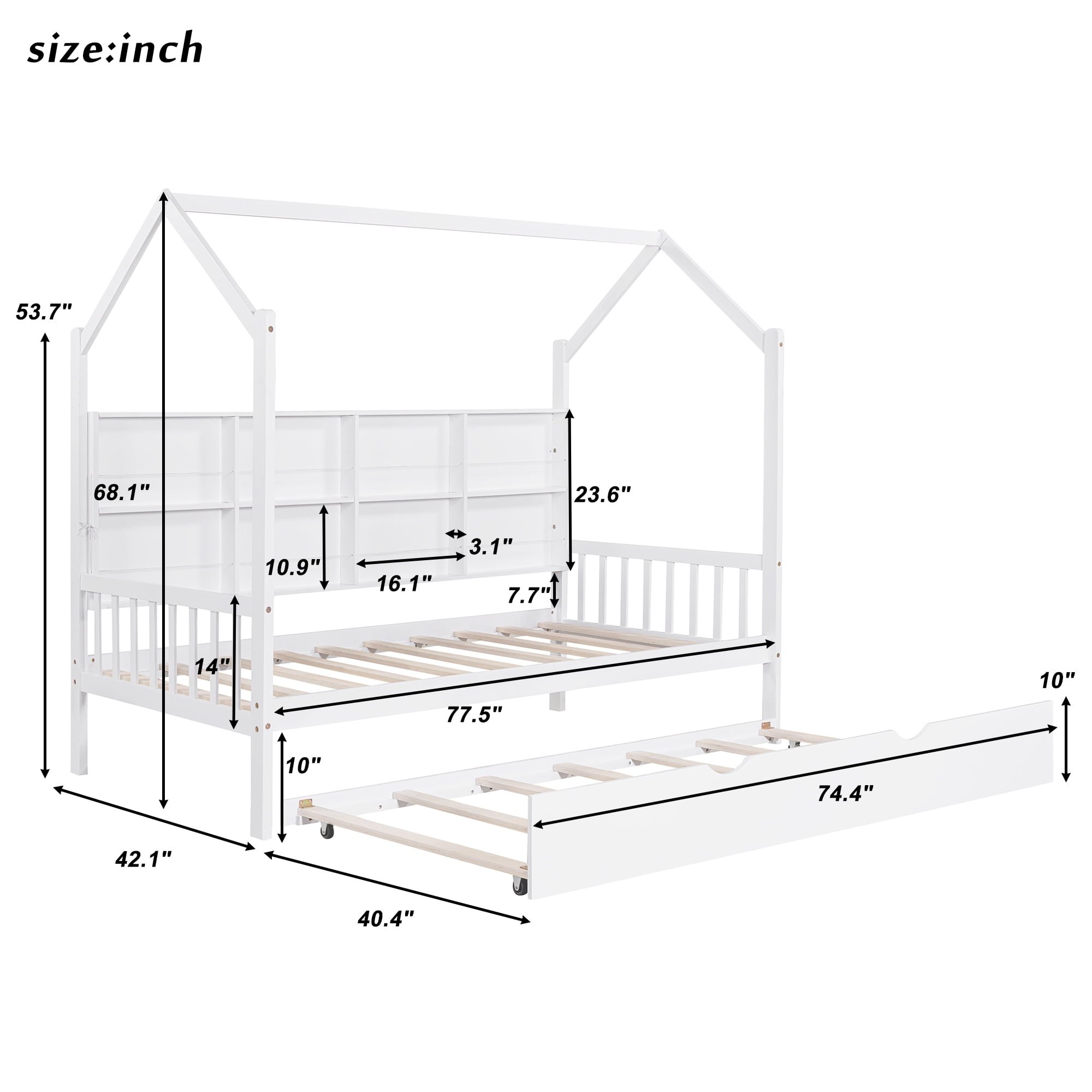 Aukfa House Bed with Trundle, Twin Platform Bed with Storage Shelves and Roof - White