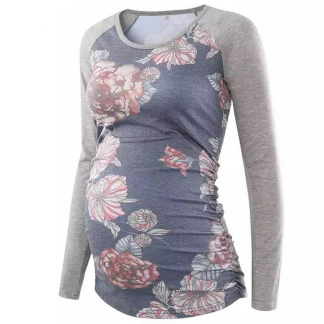 Heliisoer Hauts de Blouse Décontractée à Manches Longues Imprimés O-Col de Maternité