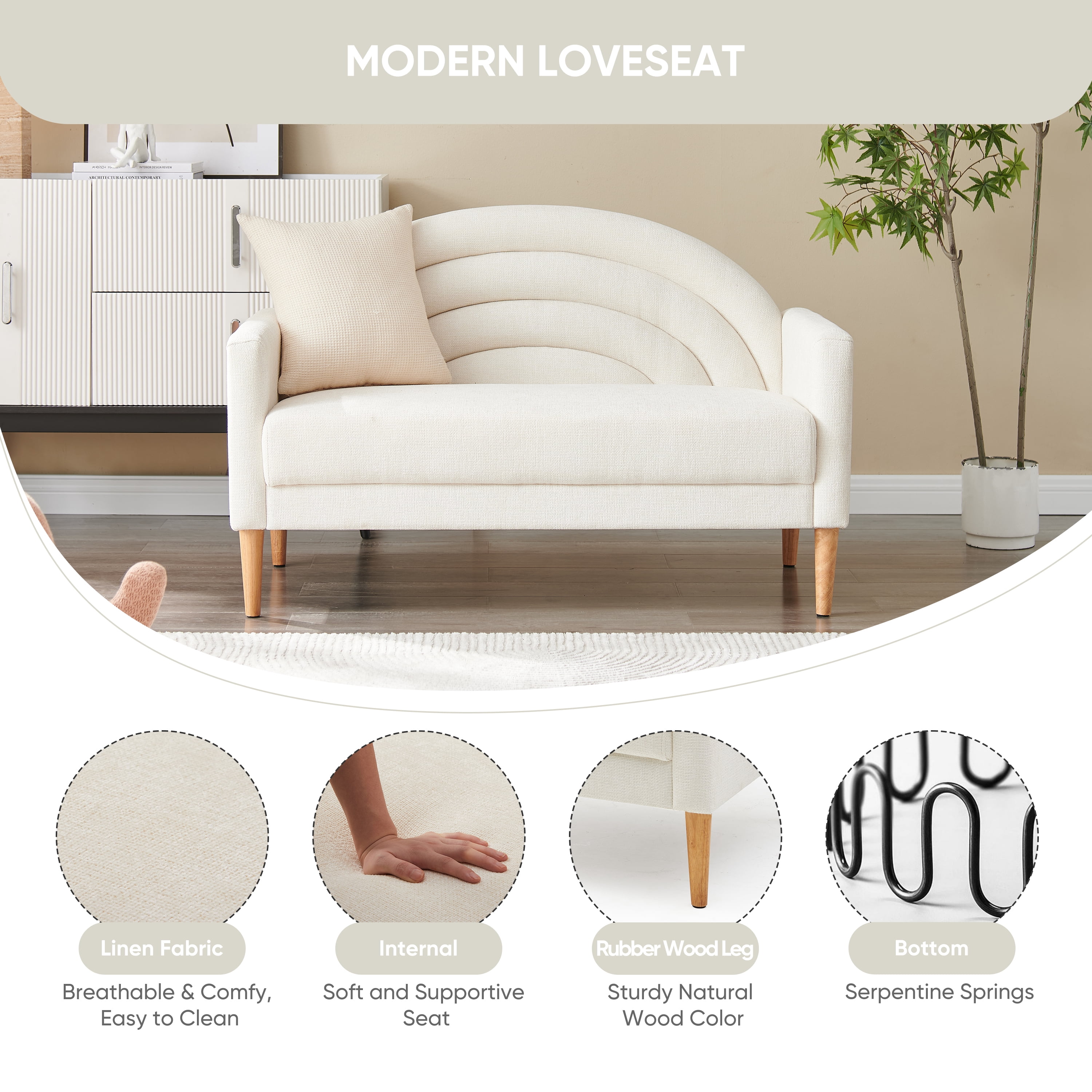Loveseat Sofa for Small Spaces,49.6" Mid-Century Modern Linen Small Couch with Arched Backrest,2-Seater Upholstered Settee,600 lbs Capacity,Cream