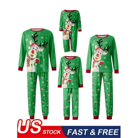

Family Matching Christmas Pajamas Green Cartoon Elk Snowflake Print Long-Sleeved Tops Elastic Waist Trousers