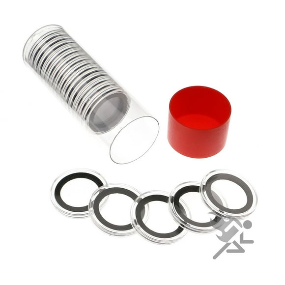 (1) Airtite Coin Holder Storage Container & (20) Black Ring 24mm Air-tite Coin Holder Capsules for US American Seated Barber Standing Liberty Washington Quarters