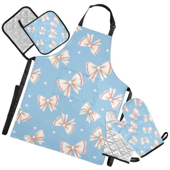 Ryvnso Baseball Coquette Bows Kitchen Apron Oven Mitts Set Pot Holders