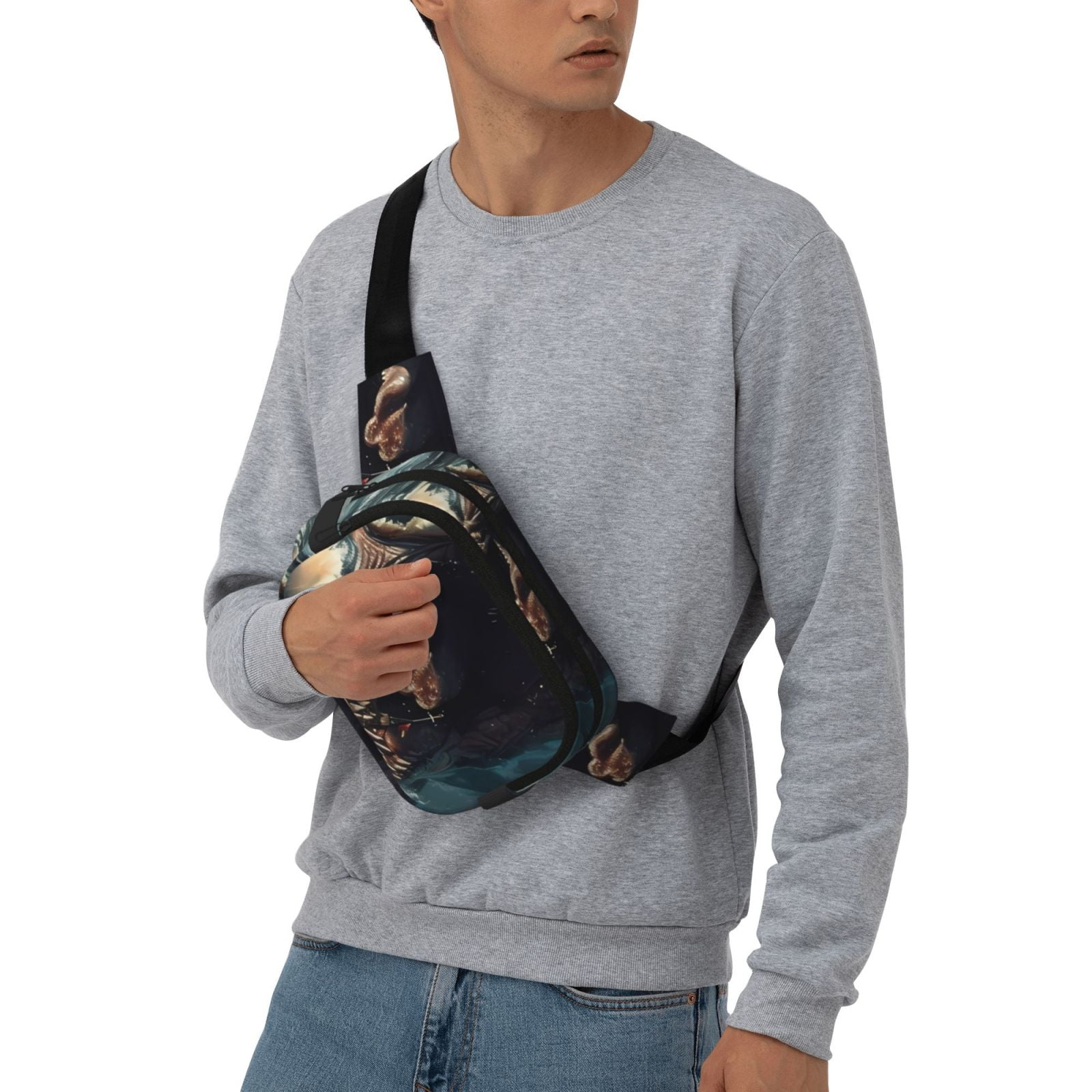 Picia Wave Sailboat Shark Print Square Double-Layer Waist Bag Mini Adjustable Waist Belt Bag Exercise Running Travel Hiking