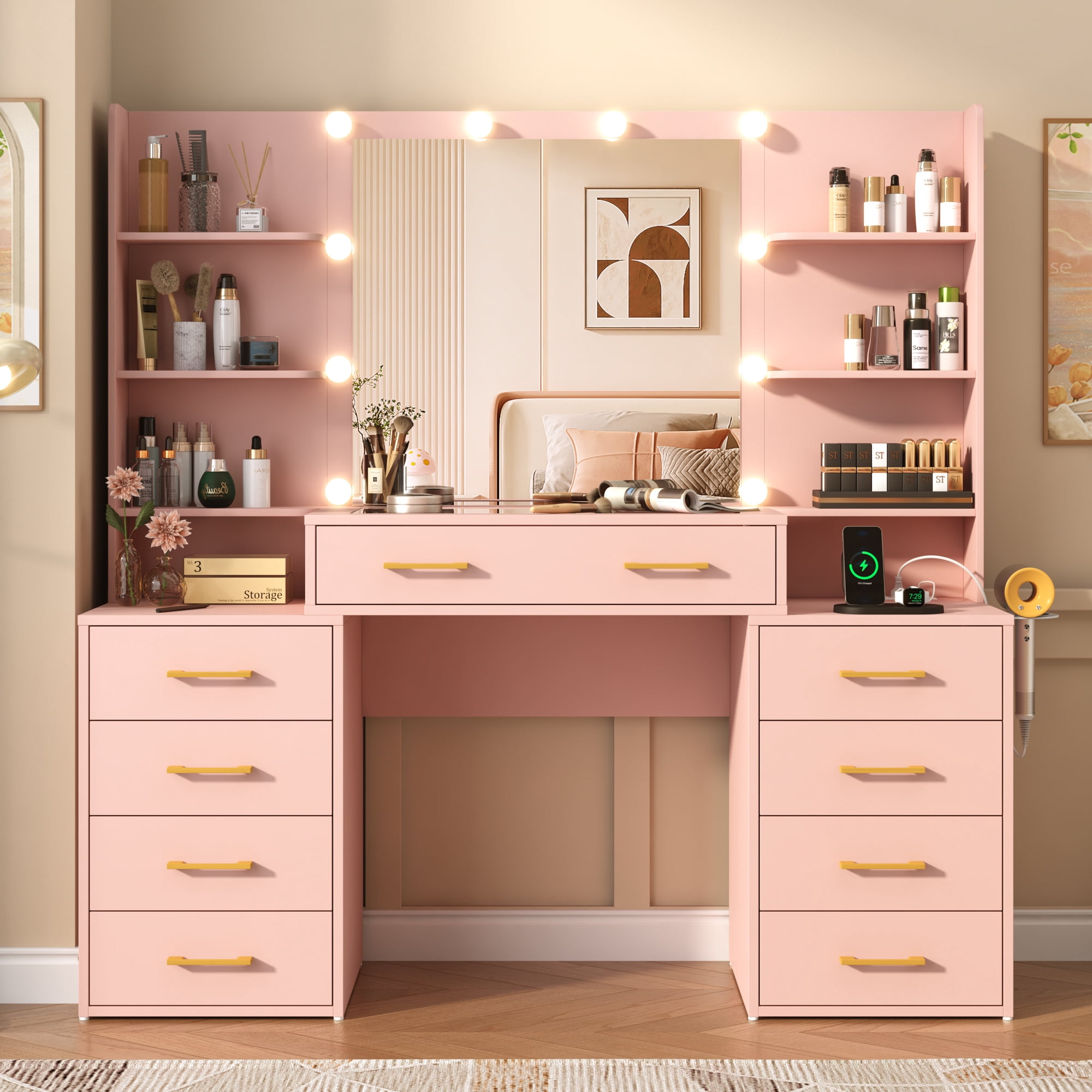 Pink Vanity Desk with Mirror & LED Lights, Glass Top Vanity Desk with Charging Station & Compartment Storage Drawers, 55" Large Makeup Vanity Table with 9 Drawers & 6 Shelves