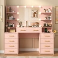 thumbnail image 2 of Pink Vanity Desk with Mirror & LED Lights, Glass Top Vanity Desk with Charging Station & Compartment Storage Drawers, 55" Large Makeup Vanity Table with 9 Drawers & 6 Shelves, 2 of 7