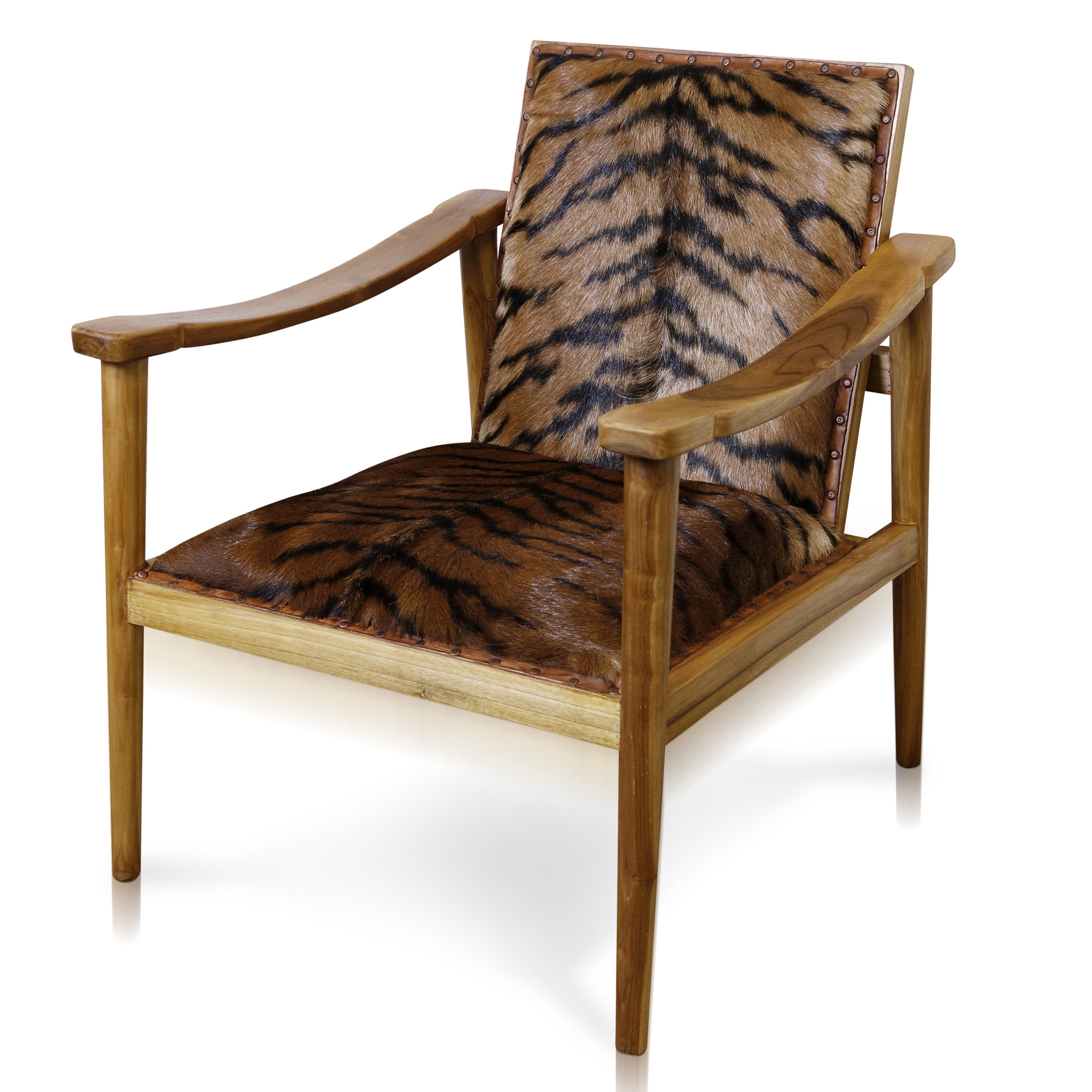 Galaxia Tiger Print Lounge Chair Solid Teak Wood Frame Light