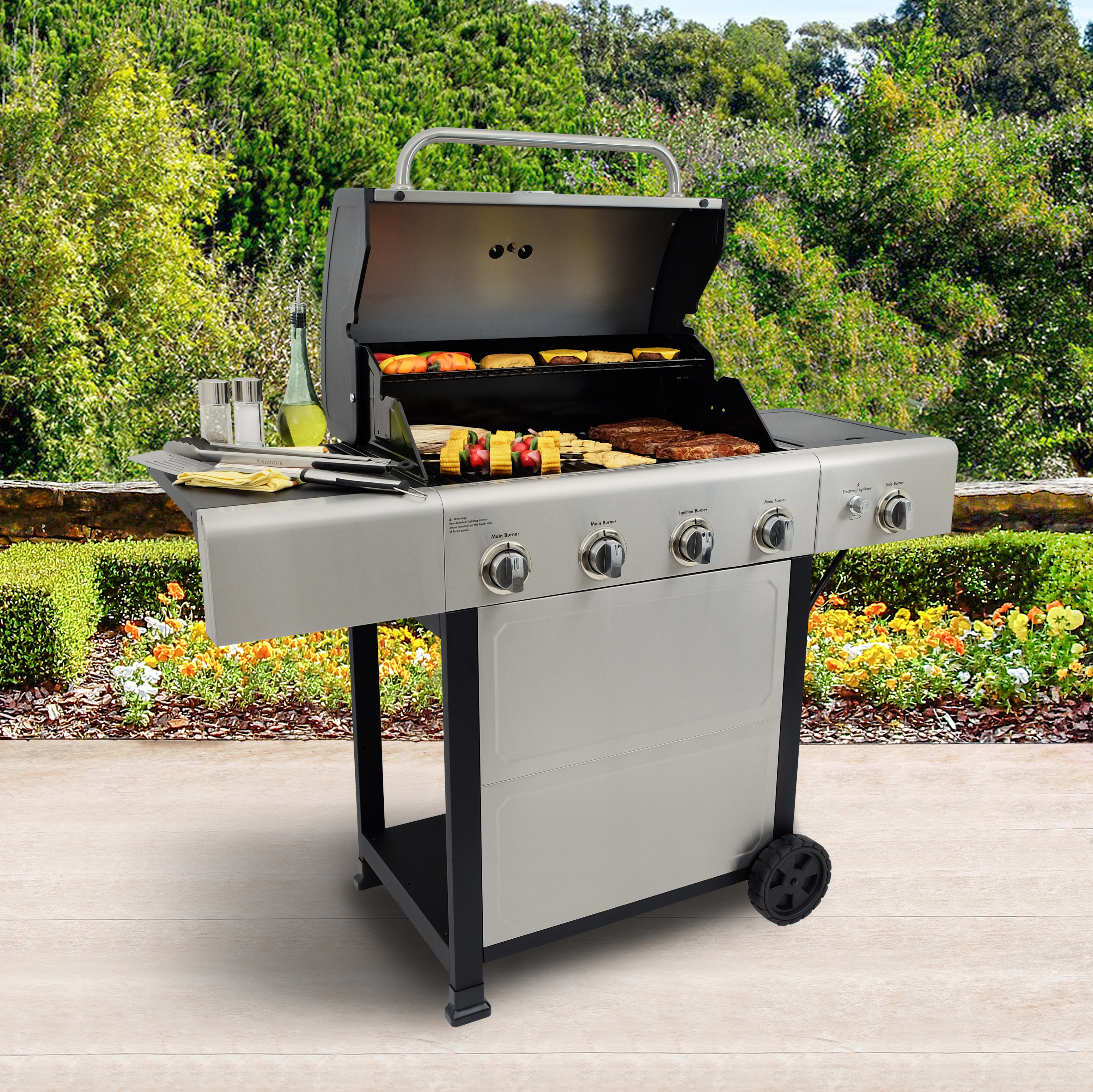 Kenmore 4-Burner Outdoor Propane Gas Grill with Side Burner, Open Cart, Stainless Steel - image 3 of 13