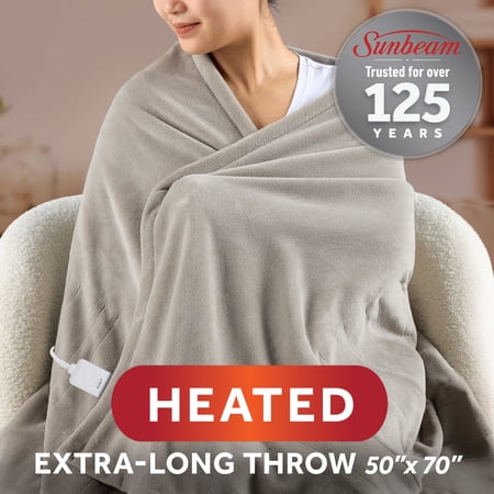 SUNBEAM ELECTRIC HEATED THROW BLANKET OVERSIZE WASHED STONE MICROPLUSH 4 HEAT SETTINGS