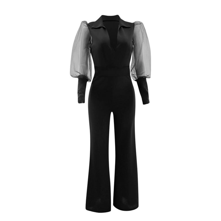 Womens Jumpsuits Long Sleeve Mesh V Neck Casual Style Long Sleeve Rompers  Wide Jumpsuits Light Pant Suit for Women Ladies Jumpsuits Casual Summer
