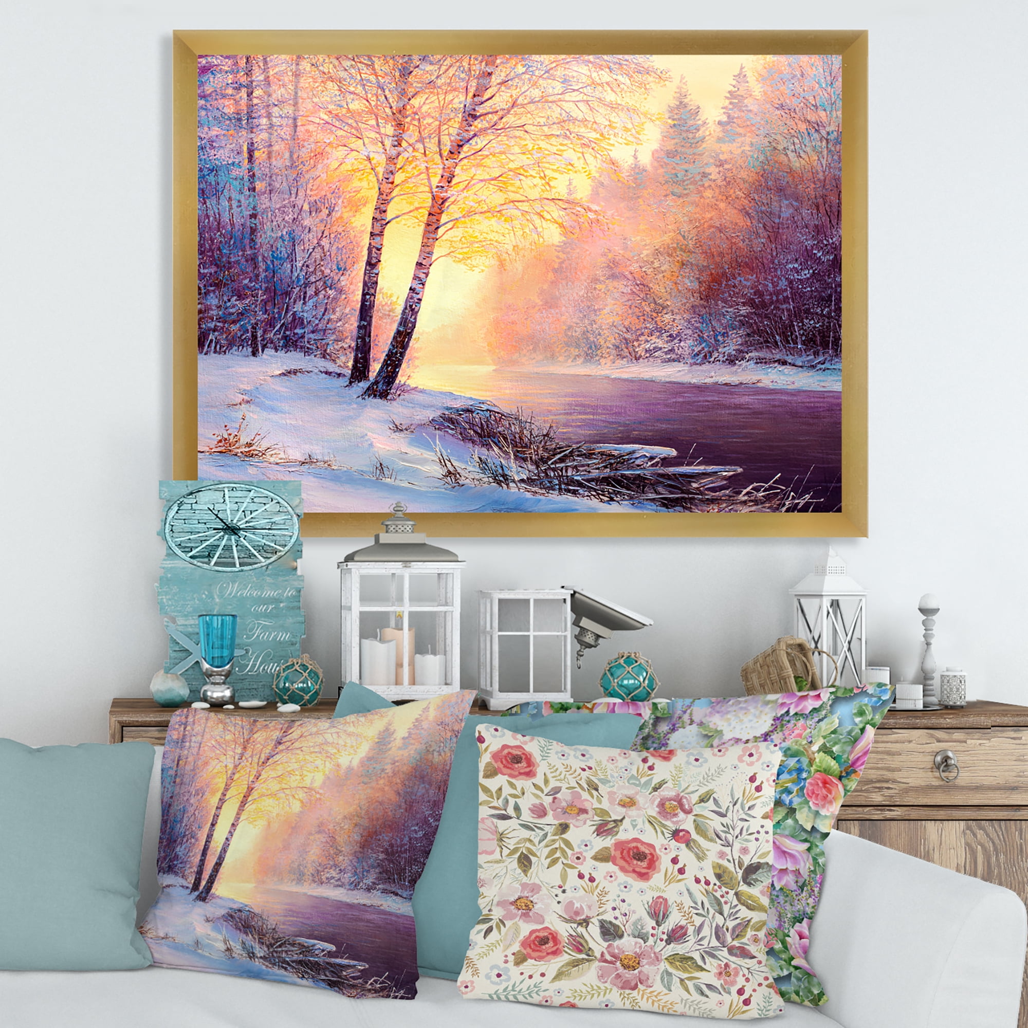 Bridge Of Meandering River With Winter Scenery II 20 in x 12 in Framed Painting Canvas Art Print, by Designart
