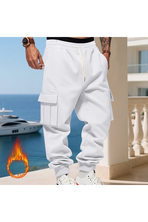 Men's Heavyweight Fleece Cargo Sweatpants Jogger Fleece Pant with Multi Pockets Loose Fit Casual Drawstring Waist Heavyweight Pants Baggy Elastic Waist Trousers White L