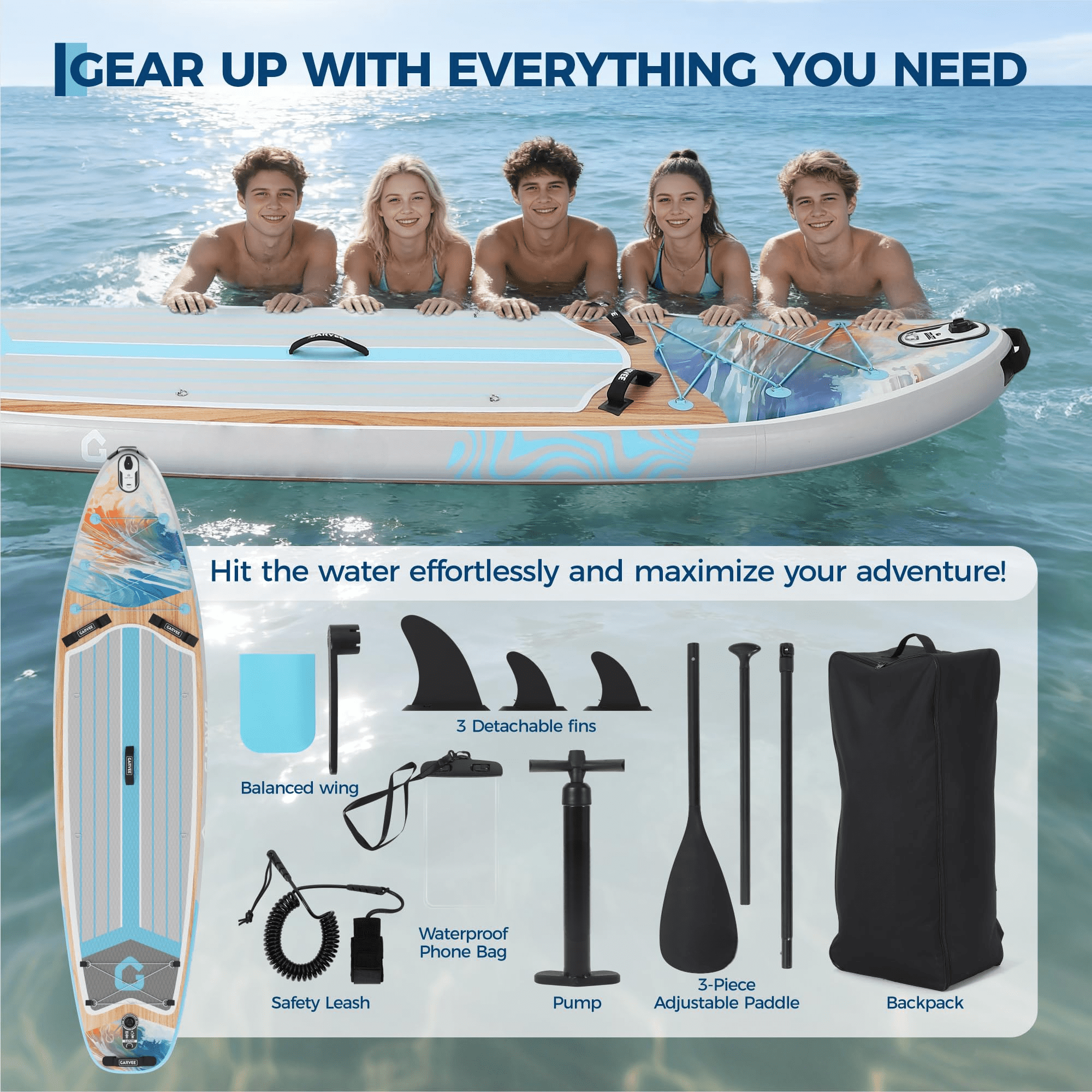 CazToi 10'6" Inflatable PVC Stand Up Paddle Board Set Extra Wide 32" Stable SUP with Non-Slip EVA Deck, All in One Kit for Youth & Adults