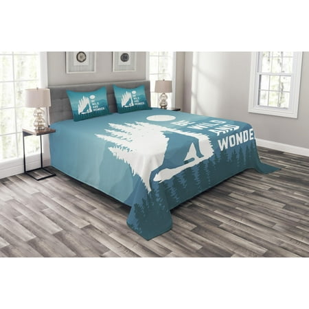 Wolf Bedspread Twin Adventure Bedspread Set, Hand Drawn Be Wild and Wonder Quote Howling Wolf in the Woods under Moon, Decorative Quilted Coverlet Set with Pillow Shams Included, Night Blue White, by Ambesonne ()