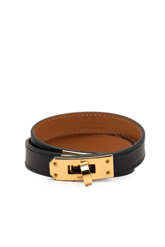 Pre-Owned Hermes Kelly Double Tour Bracelet, Black Leather, Plated, Women's.