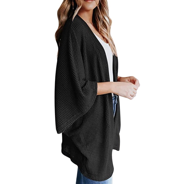 Sonducket Suéter abierto frontal para mujer, cárdigan de punto suelto de poliéster, manga 3/4, ropa informal de primavera y otoño, blanco, L Prendas para la parte del cuerpo negro METRO
