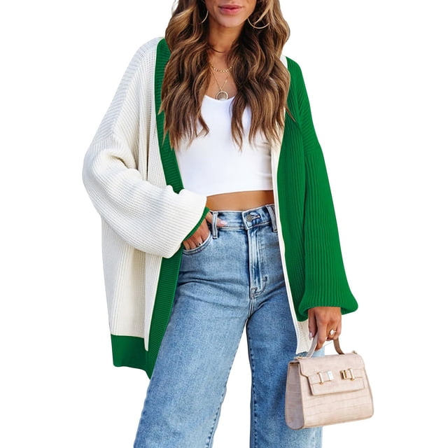 Suéter de mujer, suelto, informal, de manga larga, con cuello en V, tejido con bloques de color, abierto al frente, con botones de gran tamaño, cárdigan, abrigo para mujer