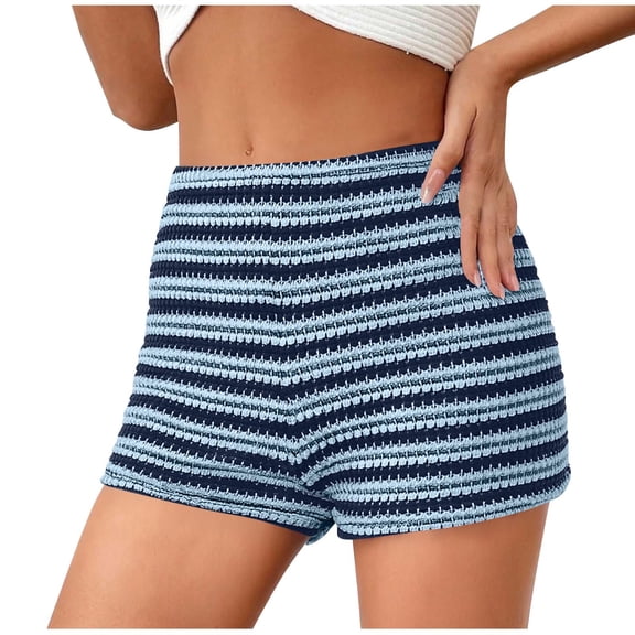 Kvture Women Y2k Striped Knitted Shorts Low Waist Color Block Lounge Shorts Stretchy Going Out Mini Short Beach Cover Up Blue L