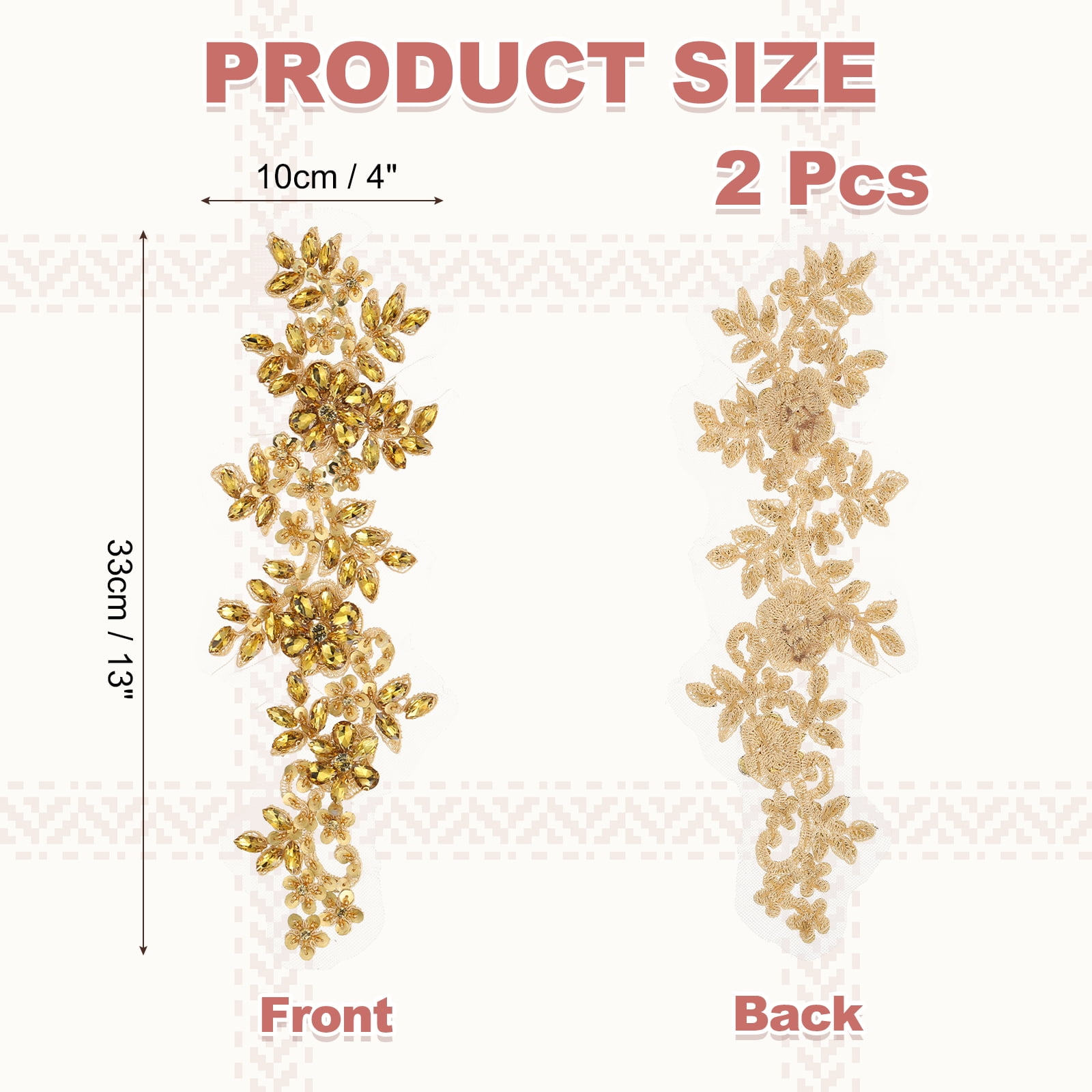 Uxcell 2Pack Rhinestone Applique Patches, 13 x 4 Inches Gold Lace Embroidery Patches Sew on Rhinestone Beaded Sequins for Sewing Making Dresses Wedding Banquet Evening Gown Decoration