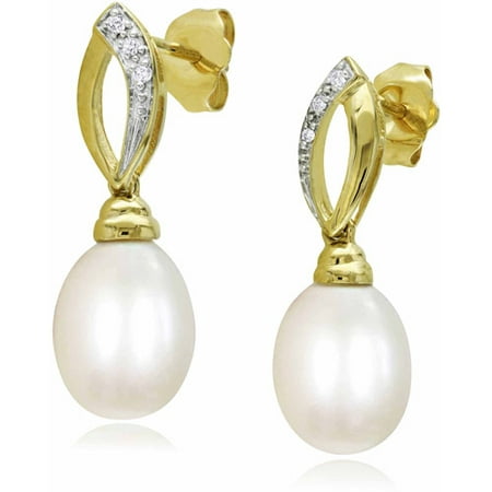Miabella 7.5-8mm White Rice Cultured Freshwater Pearl and Diamond Accent 10kt Yellow Gold Fashion Earrings