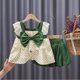 thumbnail image 5 of Conjuntos de dos piezas para niños, Top sin mangas con ribete de encaje, pantalones cortos, camisa con decoración de lazo de verano, conjunto de pantalones cortos, verde, talla 90, 5 of 5
