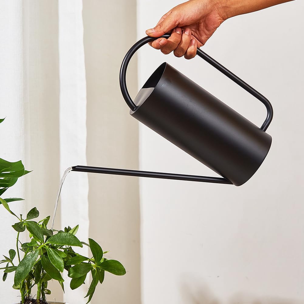 Watering Can, 50 oz/1.5L Stainless Steel Watering Can Pot with Long Spout, Garden Watering Cans with Comfortable Handle for Indoor House Plants Bonsai Flower Decorative - BLACK