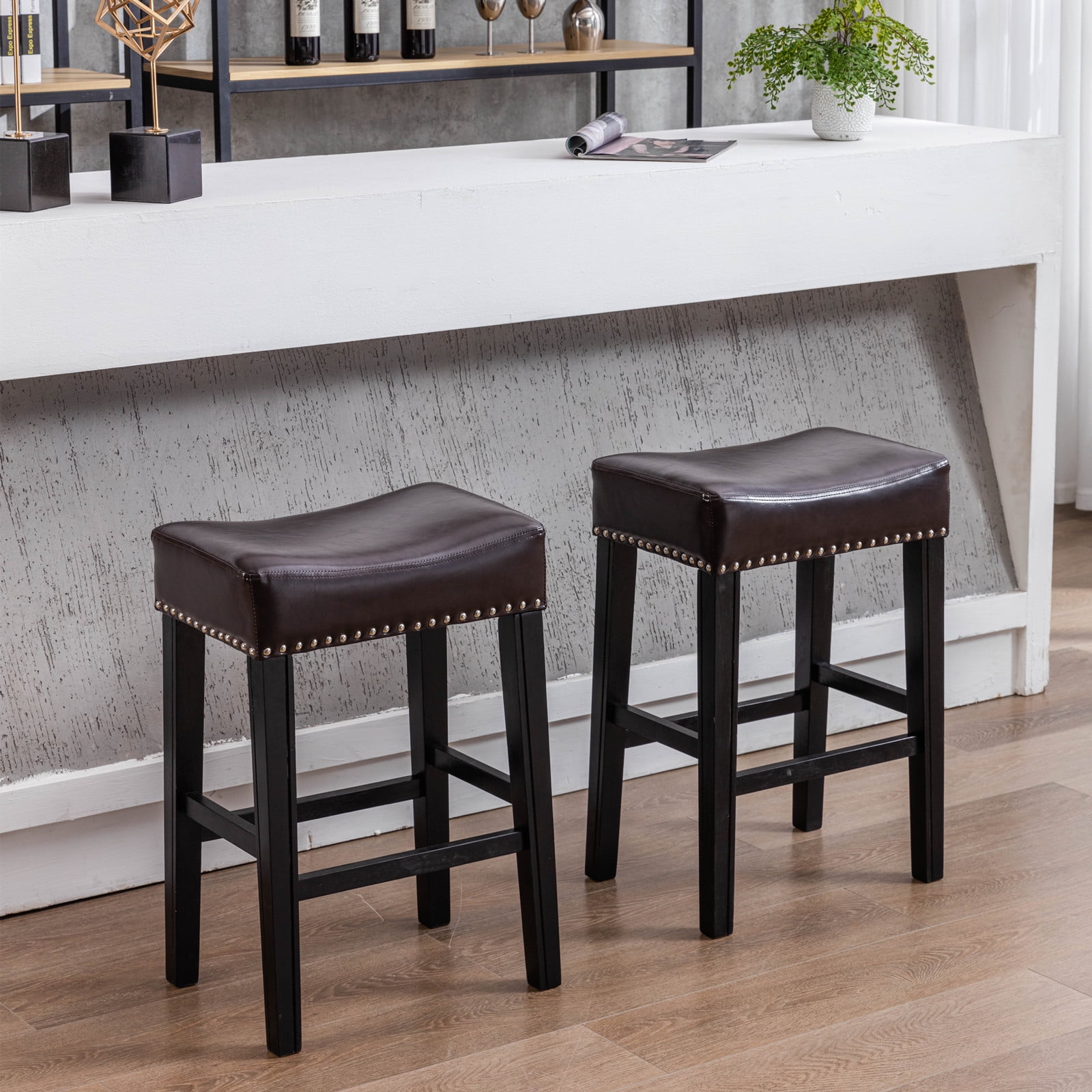 2 Pack Bar Stools Black Plastic Tops Wood Legs for Dining Bar 26" Seat Height 