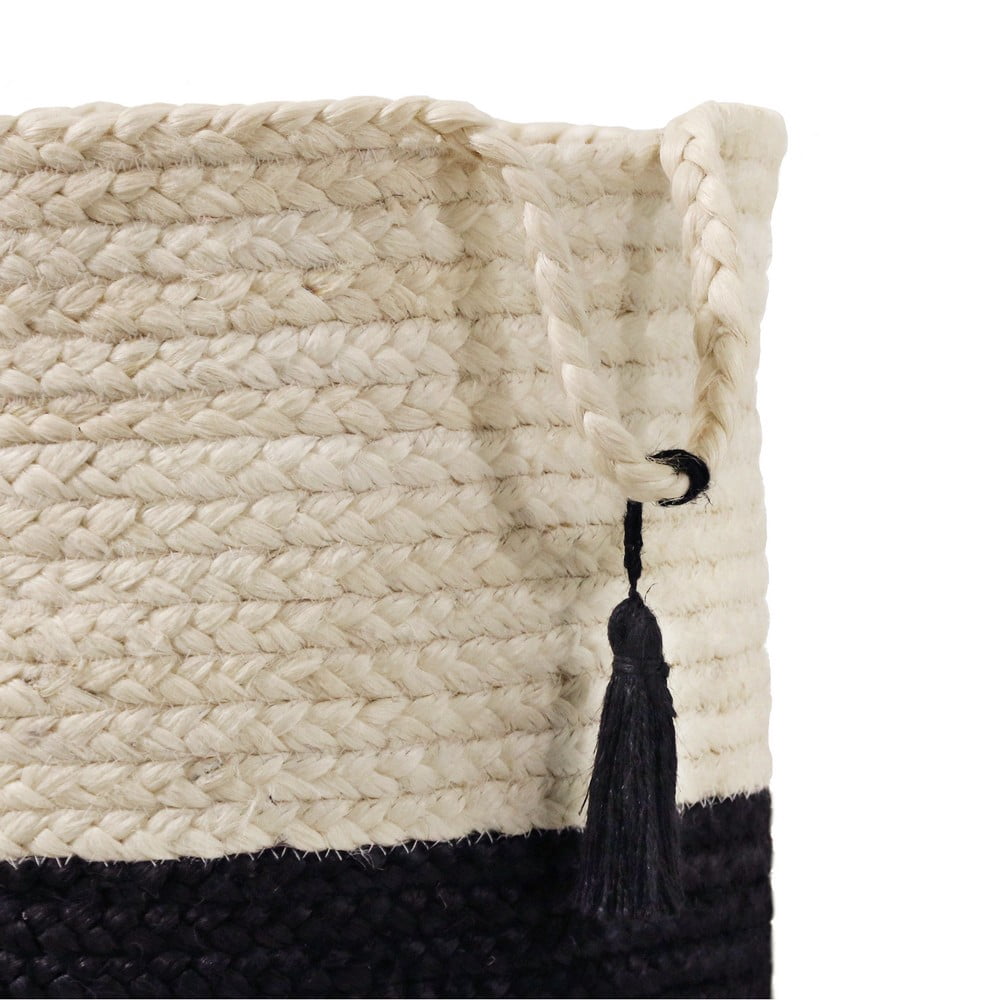 LR Home Woven Round Jute 19" Storage Basket with Handles, Black/White Stripe