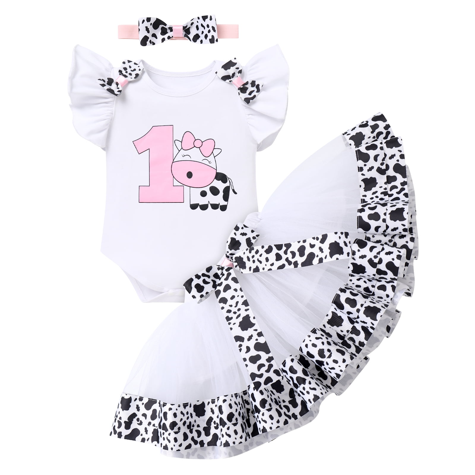 IBTOM CASTLE Baby Girl 1st Birthday Outfit Farm Cow Romper Tutu Skirt Headband Cake Smash Photo Shoot Clothes