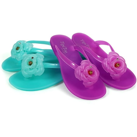 

Pupeez Girl s Flower Jelly Thong Flip Flop Slide Summer Sandals Pack of 2 Purple/Blu