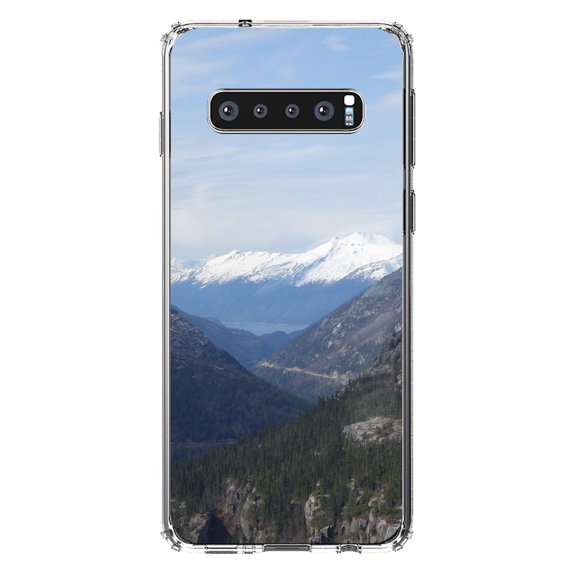 DistinctInk Clear Shockproof Hybrid Case for Samsung Galaxy S10 (6.1" Screen) - TPU Bumper, Acrylic Back, Tempered Glass Screen Protector - Skagway Alaska Mountains