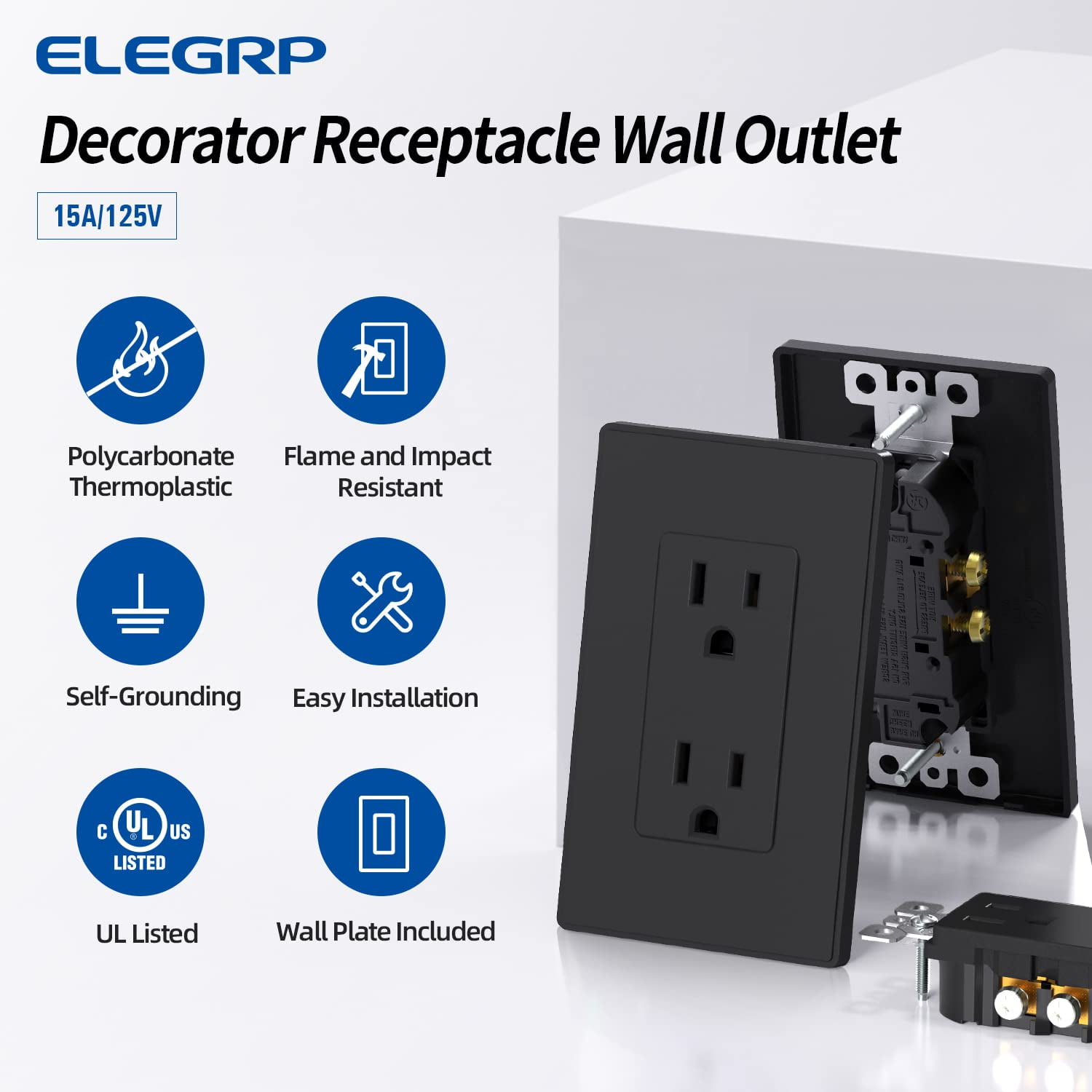 Matte Black Standard Decorator Electrical Wall Receptacle Outlet, 15A 125V, 2 Pole 3 Wire, Non-Tamper Resistant, NEMA 5-15R, Self-Grounding, Wall Plate Included, UL Listed, 10 Pack