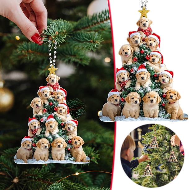 Golden Retrievers With Hat Tree Ornament, Christmas Pet Ornament, Cute Golden Dog Decor, Festive Home Decoration, Xmas Office Shelf Accent, Small Size, Wooden Base, For Bedroom