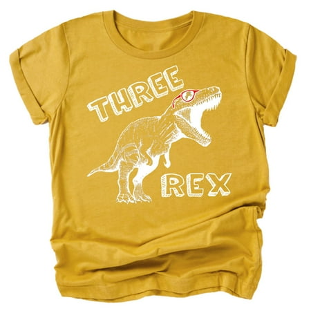 

Olive Loves Apple Three Rex Dinosaur 3rd Birthday T-Shirts for Baby Girls and Boys Third Birthday Outfit White on Mustard Shirt 5-6