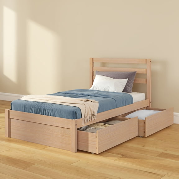 Bear Twin Single Bed w/ Underbed Storage Drawers, Oak Embossed Natural