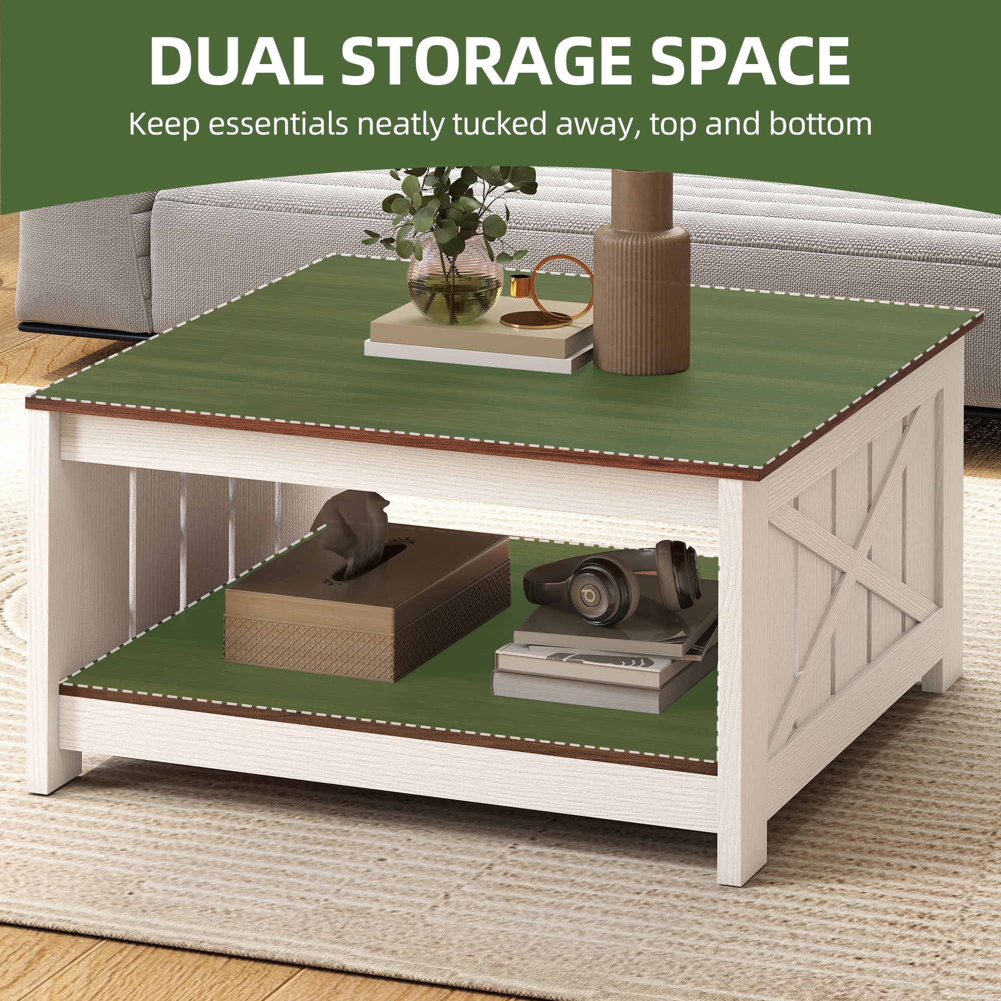 Uforic Rustic Farmhouse Coffee Table with Half-Open Storage, Square Rustic Wood Cocktail Table for Living Room, Brown with White