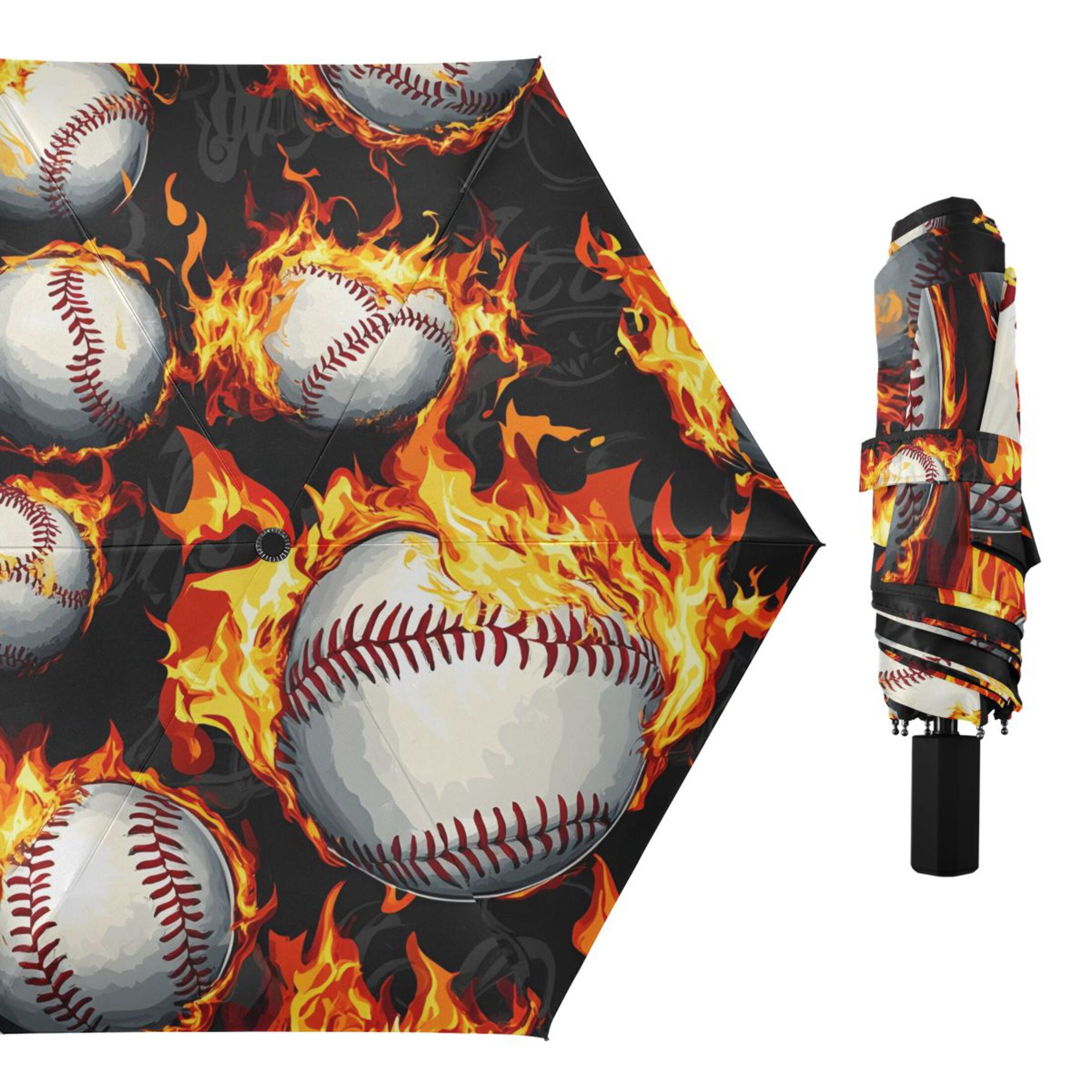 ALAZA Baseball with Fire UPF 50+ Compact Folding Umbrella for Rain Travel Umbrella Packable