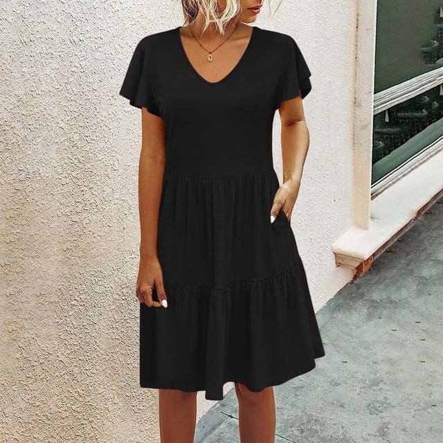 Robes pour Femmes 2024 Été Surdimensionnée Décontractée Ample Robe Débardeur Plage Col en V avec Poche Robe d'Été Manches Courtes Robes Rabais de 50 % Liquidation!