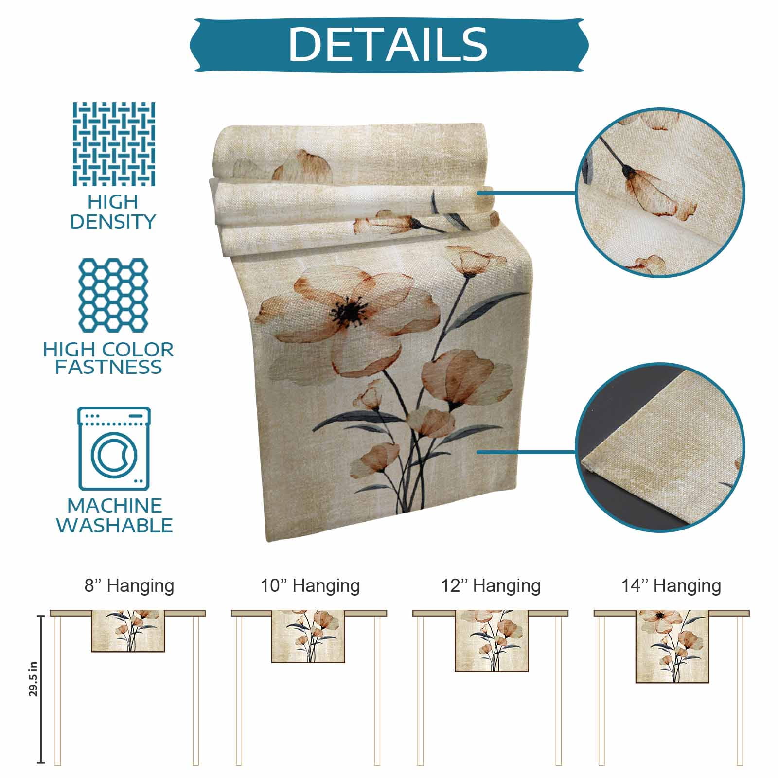Table Runner Dresser Scarf 14 x 72 Inch Abstract Gradient Brown Flowers Floral Table Runners Non-Slip Heat Kitchen Dining Table Decor for Indoor Outdoor Home Party Decoration